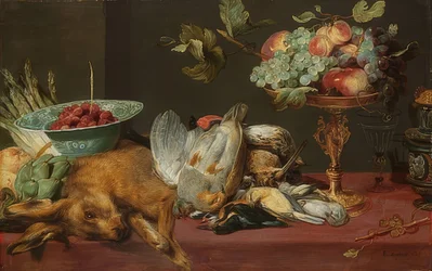 Stilleben med småvilt och frukt