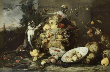 Tre apor stjäl frukt, med utsikt över ett landskap