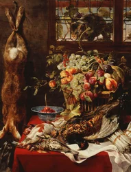 Ett skafferi stilleben med frukt, vilt och en katt vid ett fönster,
