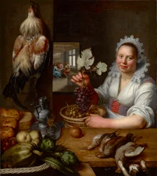Scene de cuisine avec scene du Christ a Emmaus - Köksscen med Kristus i Emmaus, av Snyders (Snijders), Frans (1579-1657). Olja på duk, Mellan 1615 och 1620. Mått : 114,5x102 cm. Muzeul National Brukenthal, Sibiu