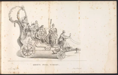Första flottören i processionen för Saint Rumbold, 1825 First Prael-waegen (titel på objekt)
