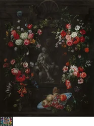 Blomsterkrans med den heliga familjen