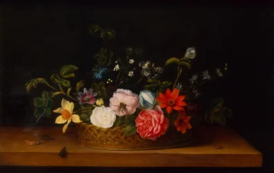 Blommor i en korg med insekter på en avsats (olja)