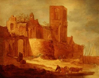 Ett förstört kloster vid en vattenväg med bönder och boskap i förgrunden