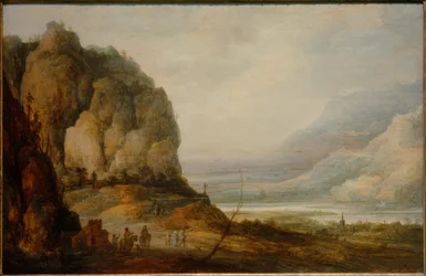 Floddal med stad och berg