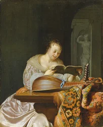 En interiör med en kvinna som läser musik vid ett delvis draperat bord med en dubbelhuvudsluta, 1671