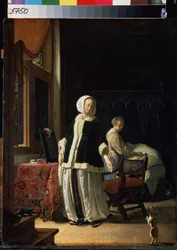 En ung kvinnas morgon. (En ung dams morgon). En kvinna och hennes hembiträde observerar en hund som putsar. Målning av Frans van Mieris de Oudere känd som Frans Mieris den äldre eller den äldre (1635-1681), cirka 1660. Olja på trä. holländsk konst, sty