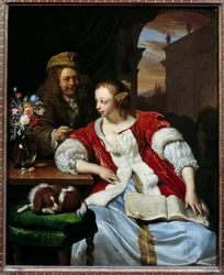 Den avbrutna låten Porträtt av artisten och hans fru. Målning av Franz van Mieris dit le Vieux (1635-1681)