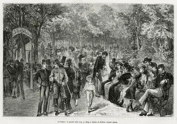 Prater: den stora gångvägen. Gravyr av Kollarz, för att illustrera historien om Wien och dess förorter, av M. Newlinski, 1881, publicerad i Tour du monde, under ledning av Edouard Charton (1807-1890)