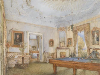 Biedermeier interiör med en herre som spelar biljard