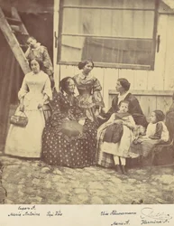 [Gruppporträtt av fyra kvinnor och tre barn], 1850-60-tal.