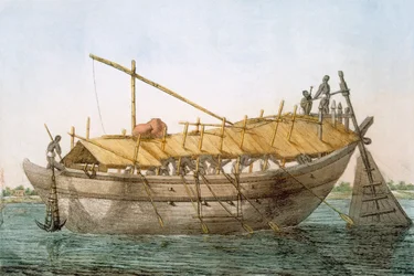 Wolack, flodbåt för transport av varor, från "The Hindus, or the Description of their Manners, Costumes and Ceremonies", ca 1808-12 (färgad etsning).