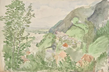 Flodlandskap i bergen med ett slott