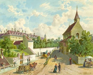 Währinger Strasse i Wien med förrådshuset "Zum Blauen Herrgott" och "Krawoten-Kapelle"