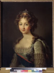 Porträtt av kejsarinnan Elisabeth Alexeievna, prinsessan Louise Augusta av Baden (1779-1826). Hon bär ett pärldiadem. (Porträtt av kejsarinnan Elizabeth Alexeievna, prinsessan Louise av Baden). Hustru till tsar Alexander I Pavlovich (1777-1825). Måla
