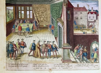 Arrestering av Lamoral, greve av Egmont (1522-1568) och Philippe de Montmorency (1524-1568), greve av Hornes (Hoorn) för deras ställning mot kung Filip II av Spanien (1527-1598). De kommer att utföras 1568 (överst till höger) 1653 Tryck av F