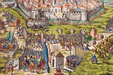 Condes armé belägrar Chartres, mars 1568, gravyr av Franz Hogenberg (1535-1590), Frankrike
