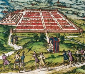 Cuzco, huvudcentrum för inkacivilisationen (dagens Peru) bild från "Civitatis Orbis Terranum" av Braun och Hogenberg