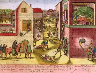 Amiral Gaspard II de Colignys (1519-72) död vid tiden för St. Bartolomeus-massakern 1572 (se 158612 för bw)