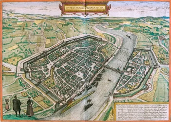 Karta över Frankfurt (Francofordia), Tyskland (etsning