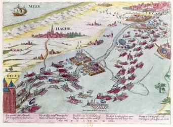 Sjöstrid utanför Haagkusten Naval mellan havets tiggare och spanjorerna 1573 (färgad gravyr)