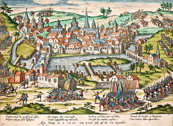 Papisterna belägrar Poitiers, juli 1569, gravyr av Franz Hogenberg (1535-1590), religionskrig, Frankrike