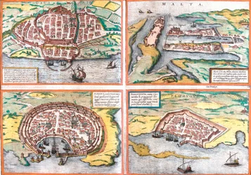Plan av Cagliari (Calaris), Sardinien (Italien), Malta (Malta), Rhodos (Rhodes) och Famagusta (Famaugusta), Cypern (etsning