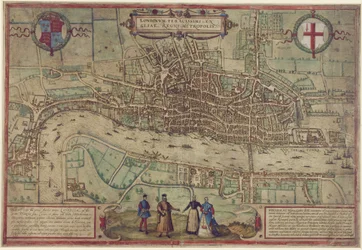 Plan över London från "Civitates Orbis Terrarum", vol. 1, 1572 (färggravyr på papper)