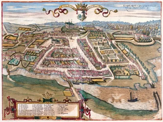 Hamnen i Kolding på Jyllandshalvön, Danmark (gravyr