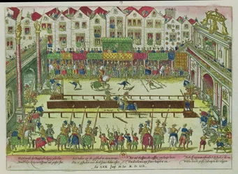 Turnering under vilken Henri II (1519-59) skadades av greven av Montgomery och dog tio dagar senare, 30 juni 1559