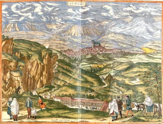 Vy över Alhama de Granada (Alhama), Spanien (etsning