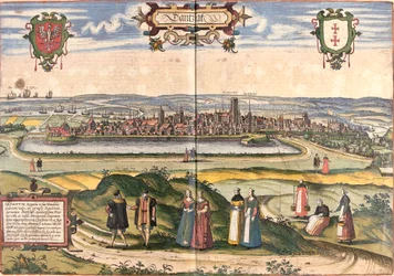 Utsikt över Dantzig (Gedanum) (dagens Gdansk), Polen (etsning