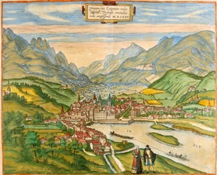 Utsikt över Innsbruck (Oenipons eller Enipontus), Österrike (etsning