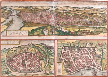 Utsikt över Rouen (Rotomagus), Nimes (Nemausus) och Bordeaux (Burdigala), Frankrike (etsning).