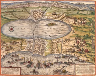 Utsikt över Tunis (Tunes), Tunisien, med fästningen Goulette (Guleta Arx) som kontrollerar tillgången till sjön Tunis och den nya fästningen (nova arx) framför stadsmuren (etsning