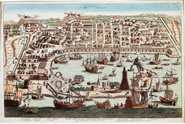 Utsikt över staden Messina på Sicilien - Gravyr av Franz Hogenberg (1535-1590) från "" Civitatis Orbis Terranum"" av Braun och Hogenberg - 1594 (Utsikt över staden Messina, Sicilien - Gravyr av Franz Hogenberg (1535-1590) ) från "" Civitatis Hobis Terran