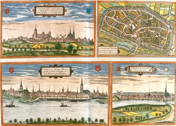 Utsikter och ritningar av Cleves (Cliviam), Duisburg (Duisburgum), Emmerich am Rhein (Embrica) i Tyskland och Genappe i Belgien (etsning