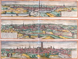 Utsikt över Bois le Duc (Buscumducis), i Nederländerna, Leuven (Lovanium) och Mechlineen (Mechlineen) i Belgien (etsning).