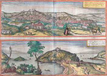 Utsikt över Burgos och San Sebastian (eller Donostia), Spanien (etsning