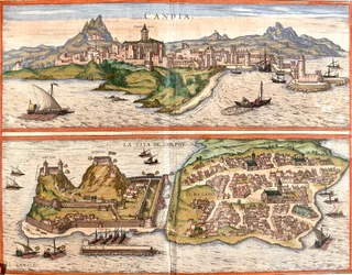 Utsikt över Candia (Candia), nuvarande Heraklion på ön Kreta och Korfu eller Corcyra (Corphu), grekisk ö (etsning