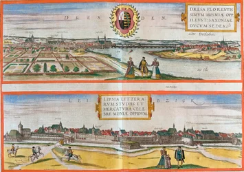 Utsikt över Dresden (Dresa) och Leipzig (Lipsia), Tyskland (etsning