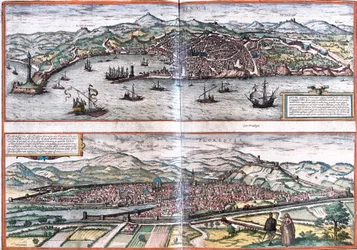 Utsikt över Genes (Genua) och Florens (Florentia), Italien (etsning