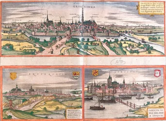 Utsikt över Groningen (Groeninga), Brouwershaven (Broversavia) och Gorinchem (Goricum), i Nederländerna (etsning