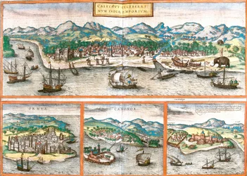 Utsikt över Kozhikode eller Calicut (Indien), Ormuz (Iran), Cannanore eller Kannur (Indien) och St. George of the Mine (S. George) eller Elmina (Ghana) (etsning