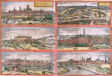 Utsikt över München (Monacum) Ingolstadt (Ingolstadium), Freising (Frisingensis), Nordlingen (Nordlinga), Regensburg (Ratispona) och Straubing (Stravbinga), Tyskland (etsning