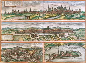 Utsikt över Nürnberg (Nurnberga), Ulm (Ulma), Lindau (Lindola), Tyskland och Salzburg (Salisburgensis) i Österrike (etsning