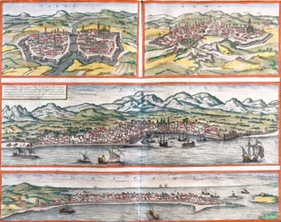Utsikt över Parma (Parma), Siena (Sena), Palermo (Panhormus) och Trapani (Drepanum) (Sicilien), Italien (etsning