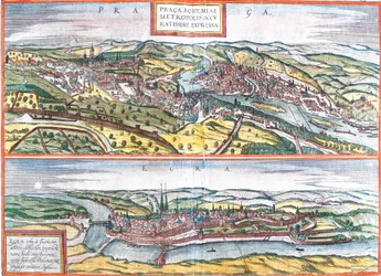 Utsikt över Prag (Praga) och Egra, Tjeckien (etsning