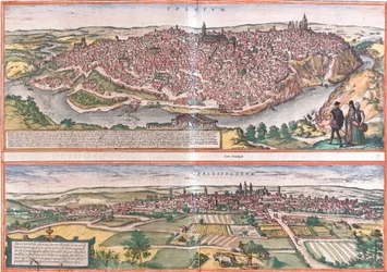 Utsikt över Toledo och Valladolid (Vallisoletum), Spanien (etsning