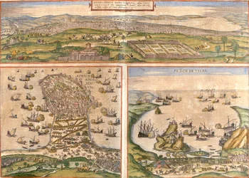 Utsikt över Tunis (Tunes) och Mahdia (Aphrodisium) i Tunisien, och Penon de Velez de la Gomera eller Badis (Bades) (Penon de Veles), penon de Veles, omtvistad mellan Spanien och Marocko (etsning).